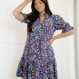 Serena Wild Daisy Floral Split Neck Short Puff Sleeve Mini Dress
