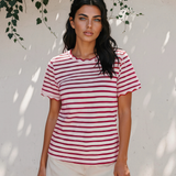 Collette Stripe Scalloped Trim Round Neck T Shirt - Red