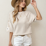 Noelle Textured Knit Split Hem Half Sleeve Loose Top - Apricot