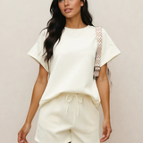 Astrid Textured Short Sleeve Top and Shorts Set - Cream