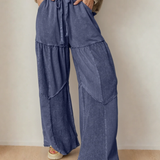PREORDER Hazel Mineral Wash Tiered Wide Leg Patchwork Drawstring Pants - Blue | Dropship