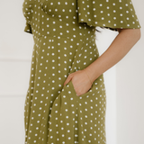 Maleah Polka Dot Print Lacy Neckline Smocked High Waist Maxi Dress