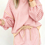 Gingham Crew Neck Long Sleeve Top and Skort Set
