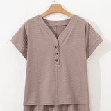 Jolie Stripe Buttoned V Neck High Low Side Slit T Shirt