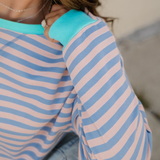 Baya Striped Contrast Trim Drop Shoulder Sweatshirt - Blue/Pink | Dropship