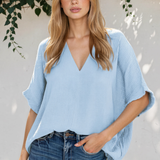 Capri Frayed Batwing Sleeve Textured Cotton Blouse - Blue