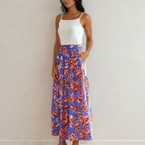 Alethea Bohemian Floral Print Tiered Maxi Skirt with Split - Blue