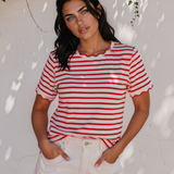 Collette Stripe Scalloped Trim Round Neck T Shirt - Red