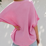 Capri Frayed Batwing Sleeve Textured Cotton Blouse - Pink