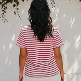 Collette Stripe Scalloped Trim Round Neck T Shirt - Red