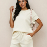 Astrid Textured Short Sleeve Top and Shorts Set - Cream