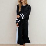 Jordyn Varsity Stripe  Drawstring Wide Leg Pant Set - Black | Dropship