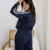 Fiery Red Varsity Striped Detail Crewneck Pullover Elastic Sweatpants 2pcs Outfit