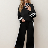 Jordyn Varsity Stripe  Drawstring Wide Leg Pant Set - Black | Dropship