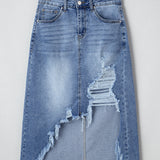 Kendall Distressed Hem Denim Midi Skirt - Light Wash