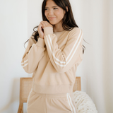 Fiery Red Varsity Striped Detail Crewneck Pullover Elastic Sweatpants 2pcs Outfit