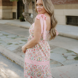 Lily Floral Print Striped Patchwork Detail Sleeveless Dress（Runs Small ）