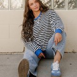 Baya Striped Contrast Trim Drop Shoulder Sweatshirt - Black | Dropship