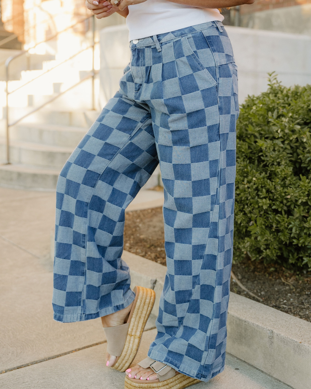 Naomi Checkered Denim Wide Leg Jeans