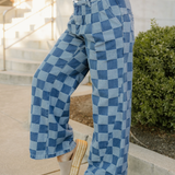 Naomi Checkered Denim Wide Leg Jeans