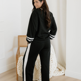 Jordyn Varsity Stripe  Drawstring Wide Leg Pant Set - Black