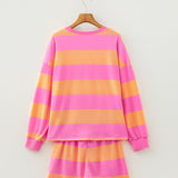 Pink Stripe Long Sleeve Casual Top Drawstring Shorts 2pcs Set