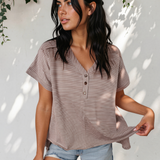 Jolie Stripe Buttoned V Neck High Low Side Slit T Shirt