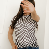 Sheer Checkered Mock Neck Mesh Short Sleeve