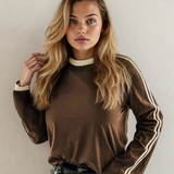 Malani Varsity Striped Crew Neck Long Sleeve Top - Dark Brown