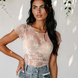 Jolie Mae Exposed Seam Ruched Sheer Floral Mesh Top