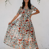 Haisley Floral Print Frilled V Neck Short Sleeve Maxi Dress - Green