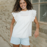Elodie Lace Neck Flutter Sleeve Eyelet Blouse