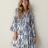 PREORDER Samara Boho Floral Print Lettuce Trim 3/4 Sleeve Mini Dress - Sky Blue | Dropship