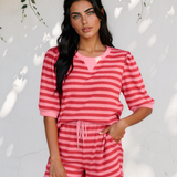 Sweet Escape Lounge Set Stripe Puff Short Sleeve T Shirt Matching Shorts Set - Red