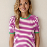 PREORDER Kimberly Stripe Short Puff Sleeve Contrast Trim Round Neck Tee - Pink | Dropship