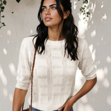 Maisie Plaid Pattern Crochet Knit Short Sleeve Sweater - White