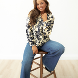 Maria Botanical Floral Print Split Neck Long Sleeve Blouse