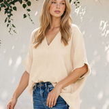 Capri Frayed Batwing Sleeve Textured Cotton Blouse - Apricot