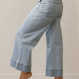 Camille Striped Button Flap Pocket Cuffed Hem Wide Leg Jeans