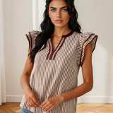 Malani Stripe Double Ruffled Short Sleeve V Neck Blouse