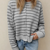 Arianna Stripe Button Front Ribbed Trim Short Cardigan