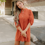 Sutton Corduroy Snap Buttons Empire Waist Bracelet Sleeve Dress