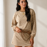 Coffee Run Set Stripe Textured Drop Shoulder Pullover Top Drawstring Mini Skort Two Piece Dress Set - Brown
