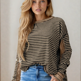 Vanessa Striped Patchwork Knit Drop Shoulder Top - Khaki