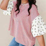 Aviva Puff Sleeve Patchwork Round Neck Loose Top - Red