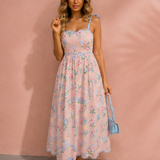 Laylani Floral Print Contrast Trim Self-tie Straps High Waist Midi Dress