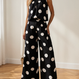 Paris Polka Dot Print Pleated Round Neck Tank Casual Wide Leg Two-Piece Outfit