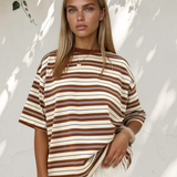 Rylan Brown Stripe Womens Casual Oversized Tee