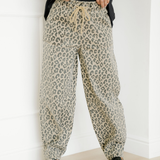 Leopard Print Drawstring Elastic Waist Loose Denim Pants with Pockets