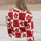 Retro Flower Plaid Henley Baggy Sweater